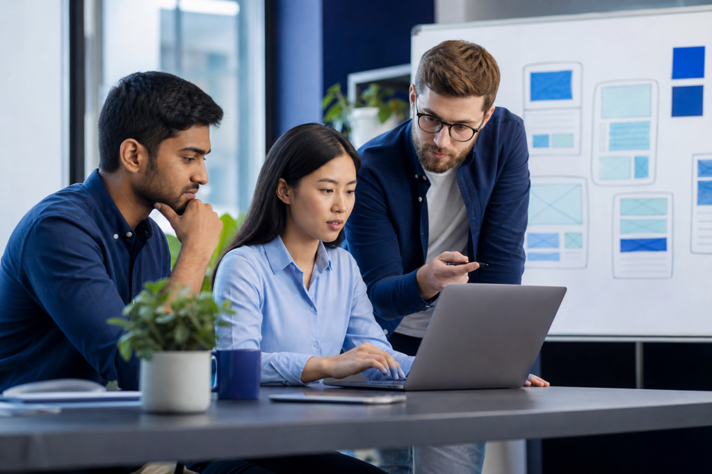 Startup team reviewing frontend development options in a modern workspace