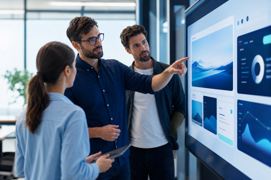 Startup team reviewing frontend development strategy in a modern workspace