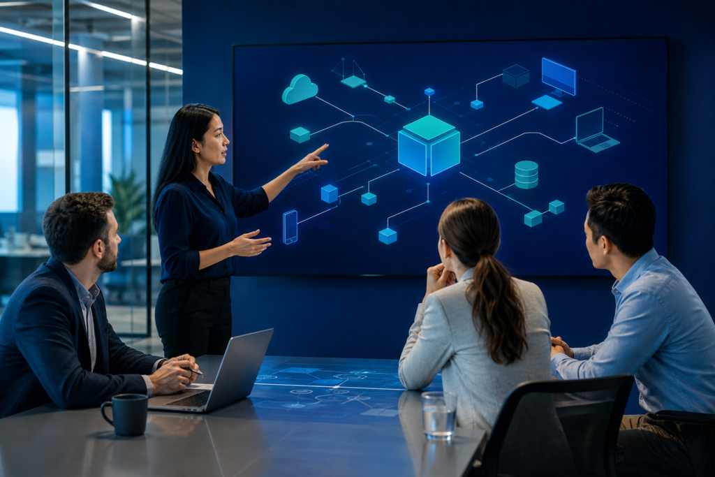 Enterprise team planning headless CMS architecture in a modern office