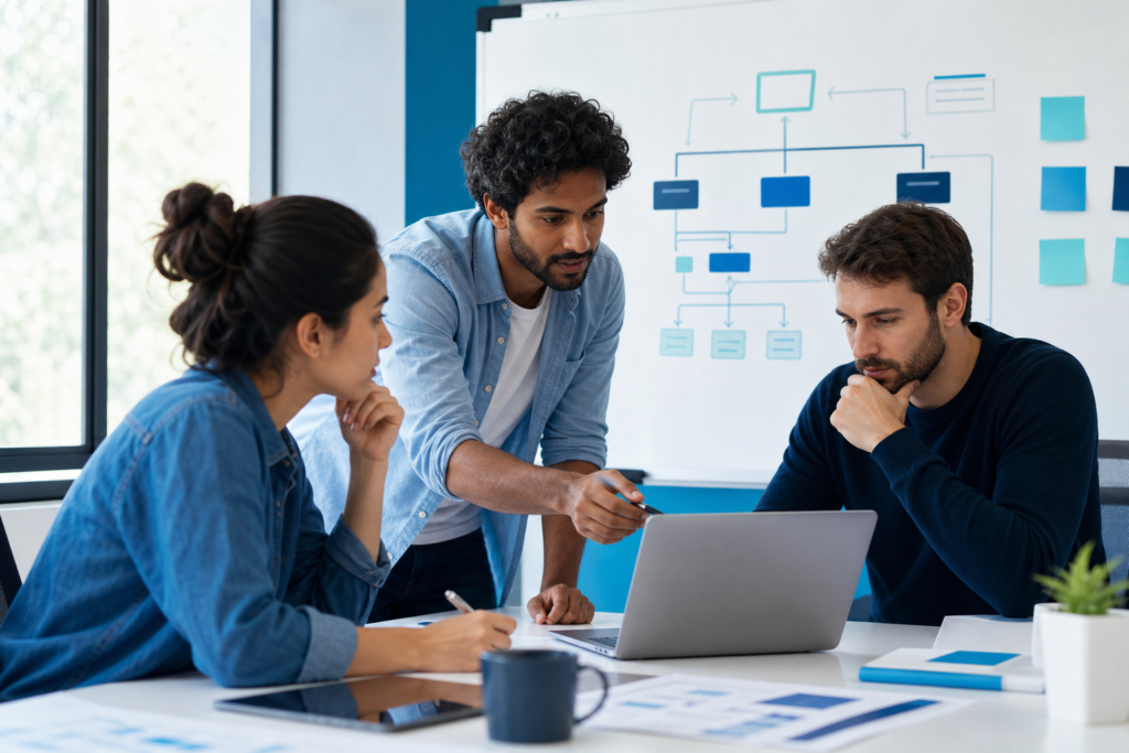 Startup team planning headless CMS development in a modern workspace