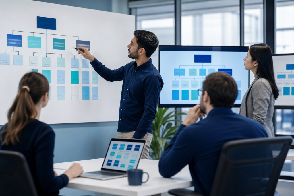 Enterprise team planning headless CMS development in a modern office