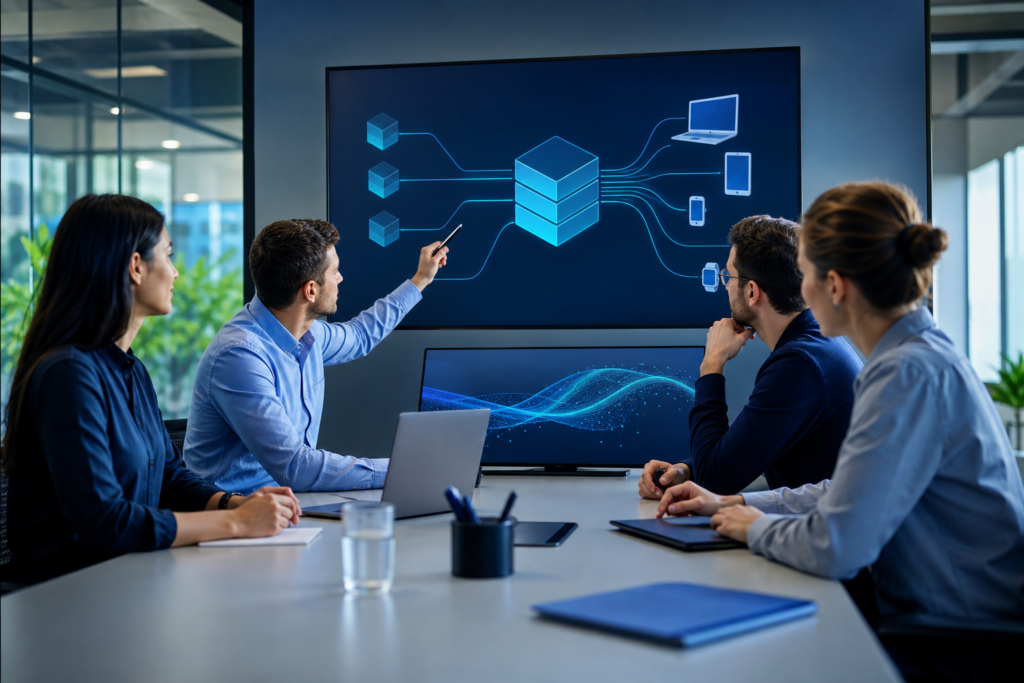 Enterprise team reviewing headless CMS development plans in a modern office