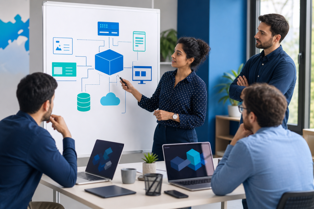 Startup team planning headless CMS architecture for a digital product