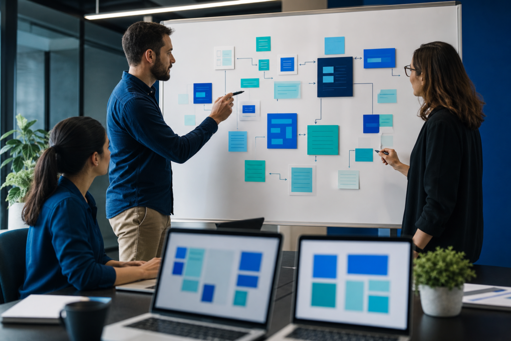 Startup team discussing headless CMS development strategy in a modern office
