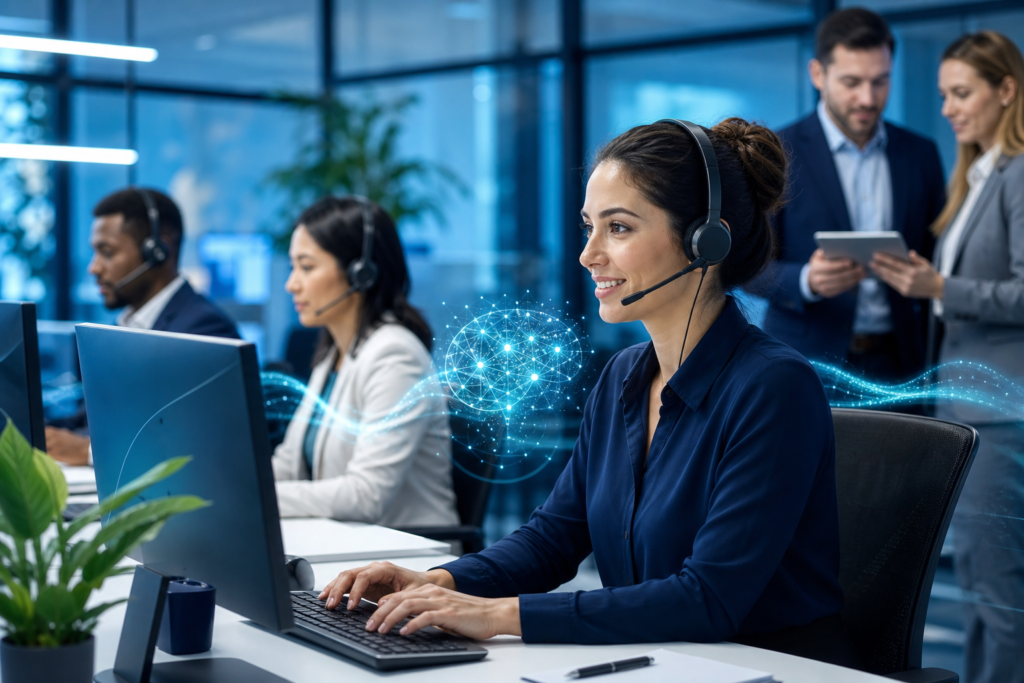 Professional editorial illustration of artificial intelligence transforming customer service in a modern business setting