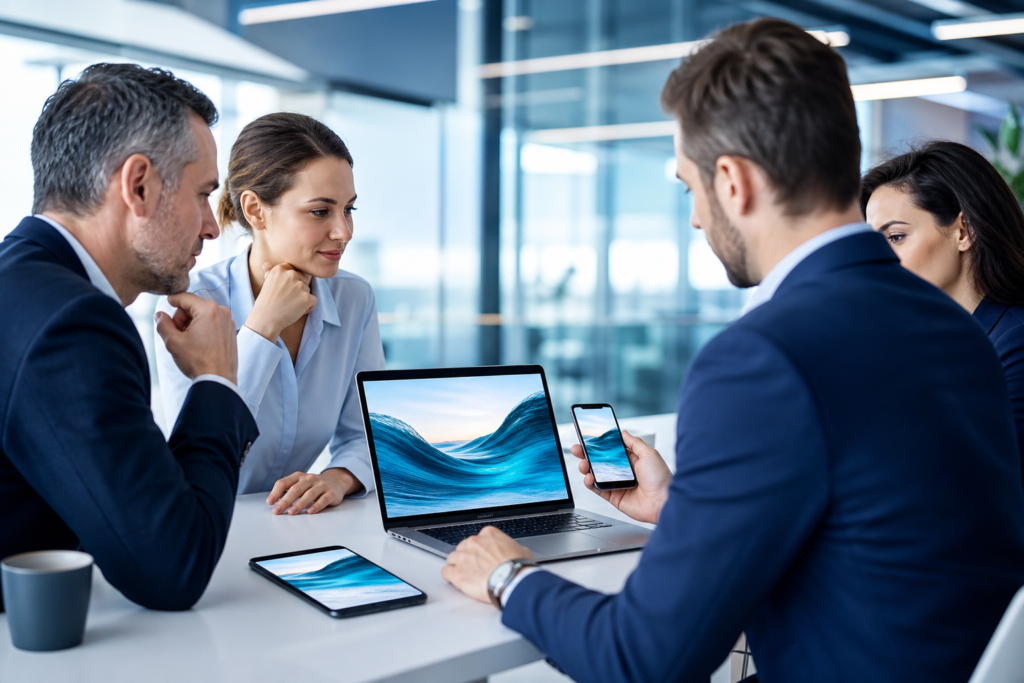 Enterprise team reviewing mobile-first website design on multiple devices