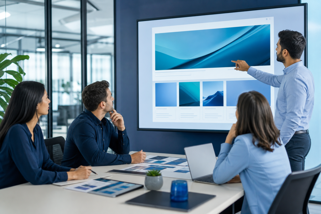 Enterprise team reviewing website visual hierarchy in a modern office