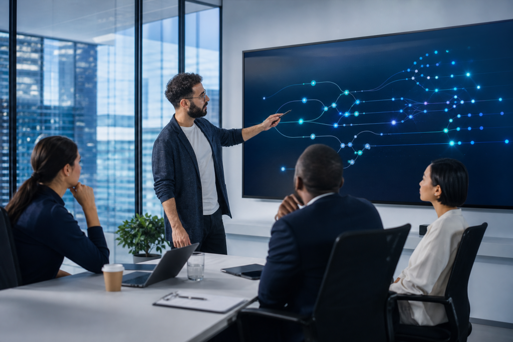 Enterprise team reviewing connected business systems and API integration workflows