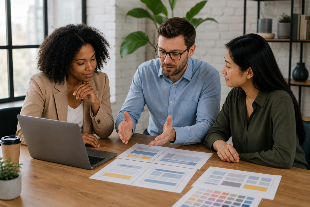 Business team reviewing website pricing and planning on a laptop in a modern office