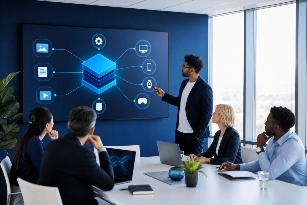 Enterprise team discussing headless CMS development cost and digital architecture