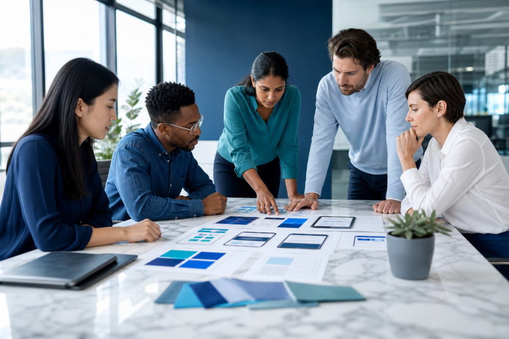 Enterprise team reviewing mobile-first website design plans