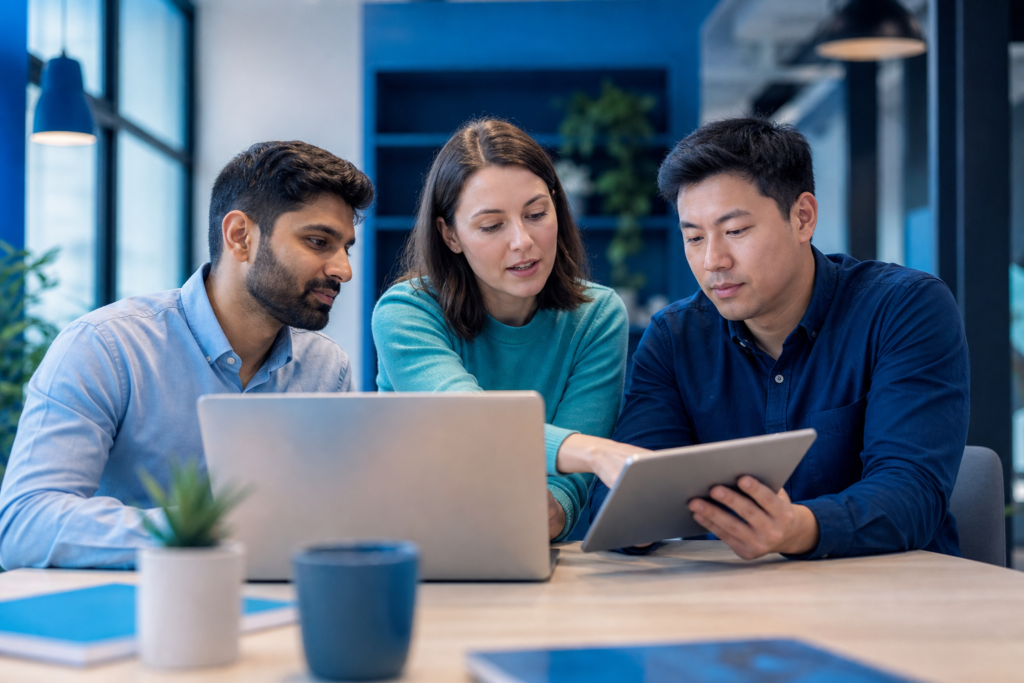 Startup team planning a progressive web app budget and features