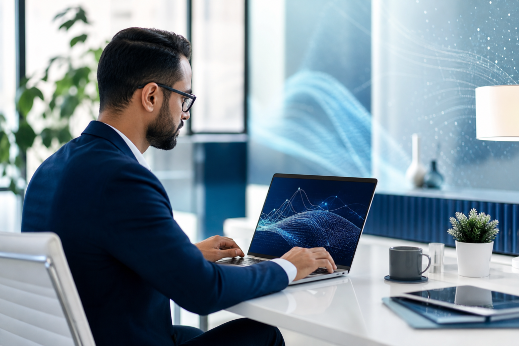 Business professional reviewing website performance analytics on a laptop in a modern office