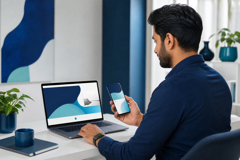 Small business owner reviewing a mobile-first website design on a phone and laptop