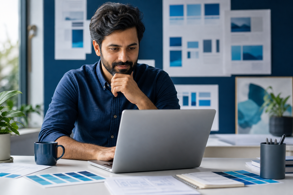 Small business owner and designer reviewing website layout and visual hierarchy in a modern office