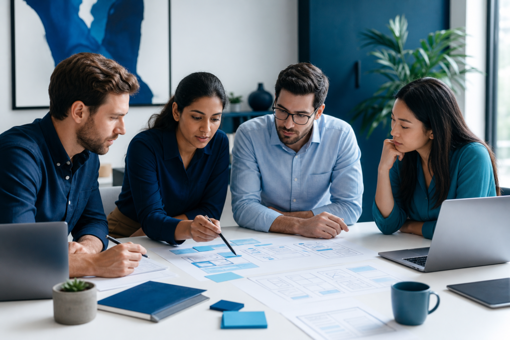 Startup team planning custom web development for growth