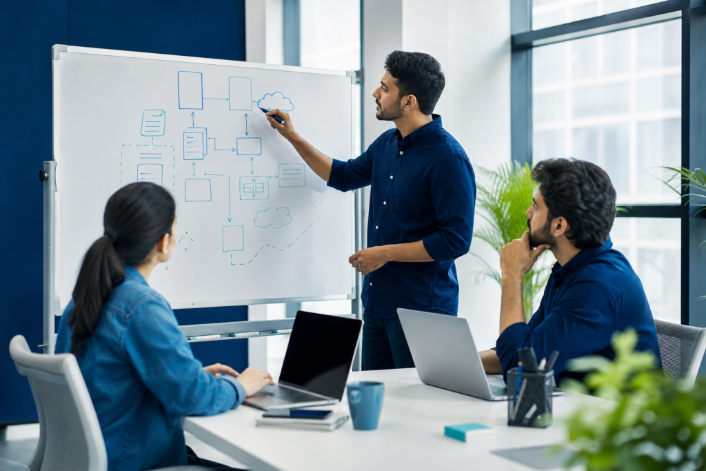 Startup team planning web application architecture in a modern office