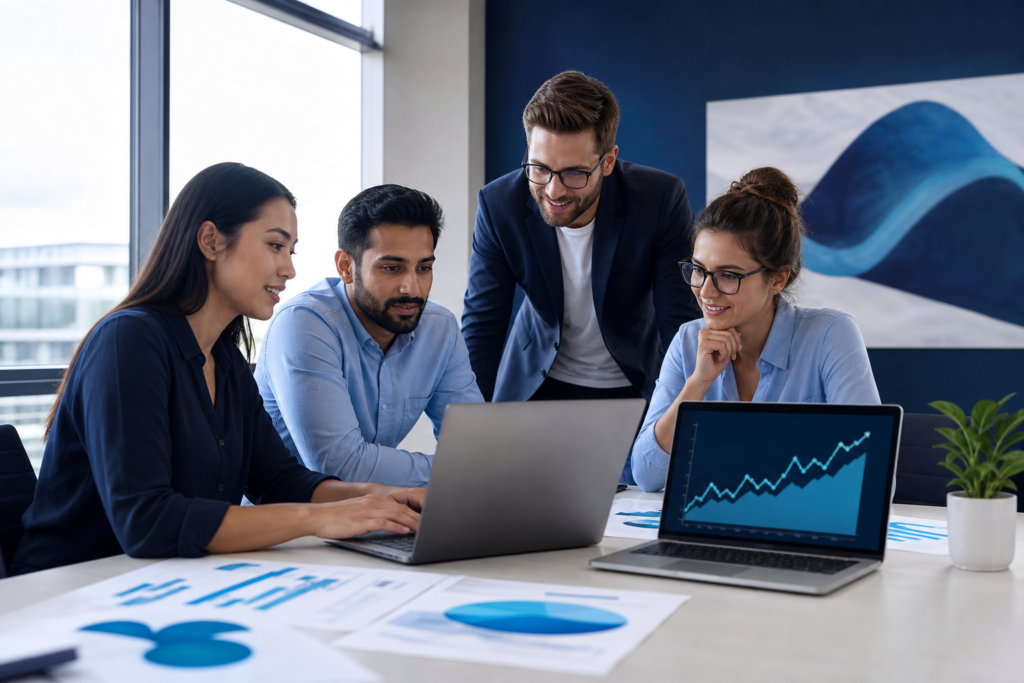 Startup team reviewing website ROI data to plan faster growth