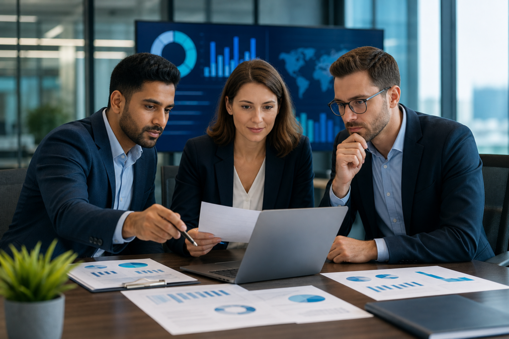 Business team reviewing ERP and CRM ROI analysis in a modern office