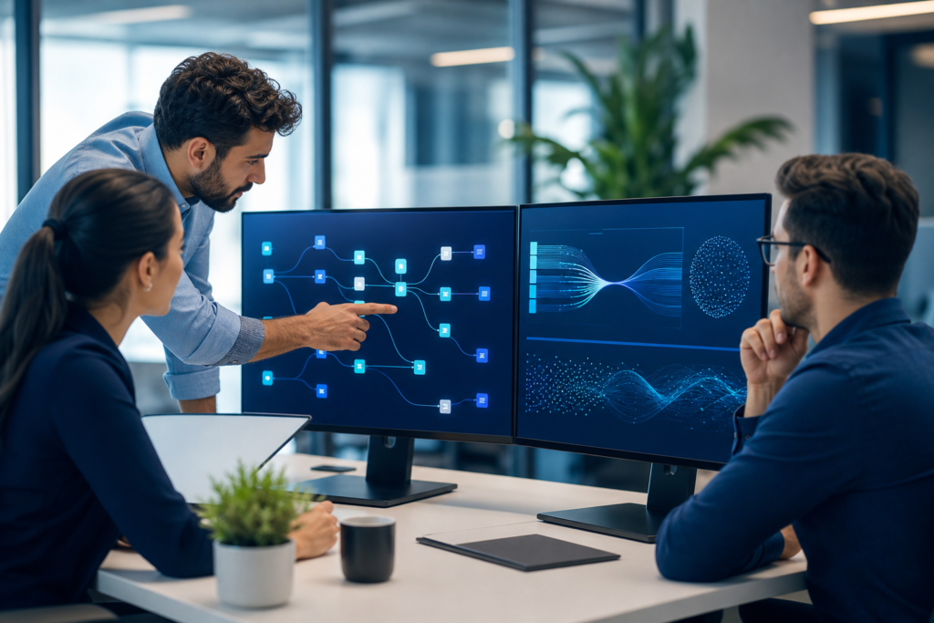 Startup team evaluating an API integration solution on a workspace screen