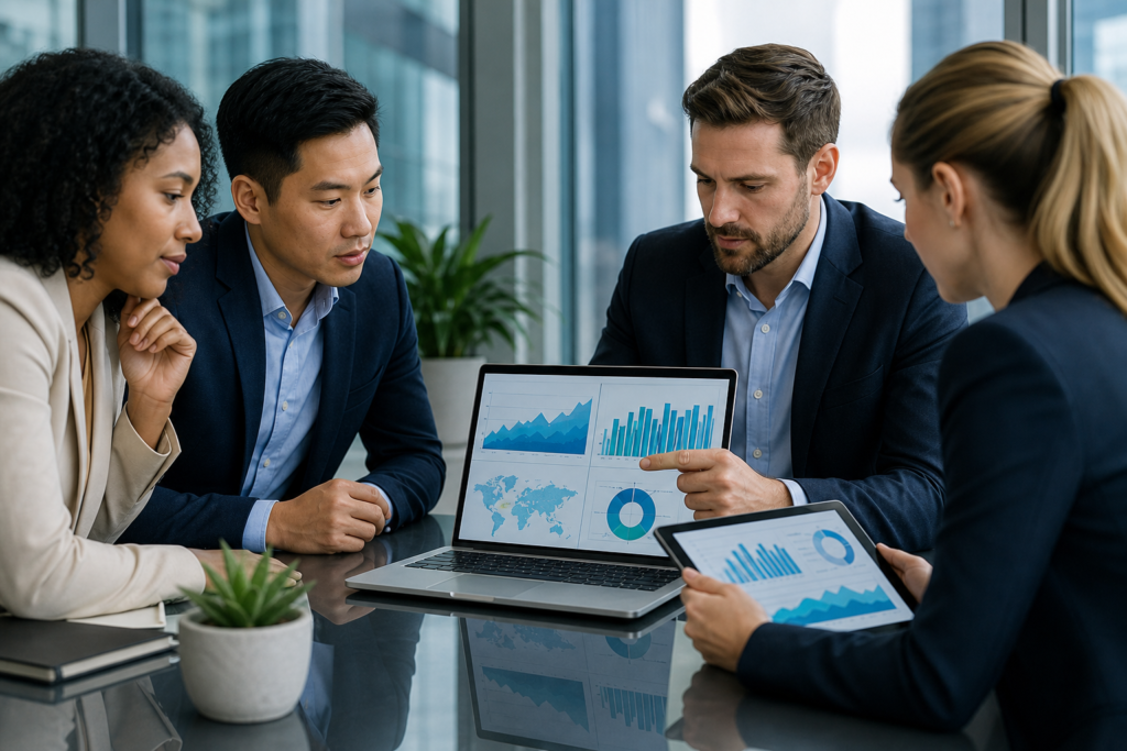Team reviewing e-commerce analytics data on screens in a modern office