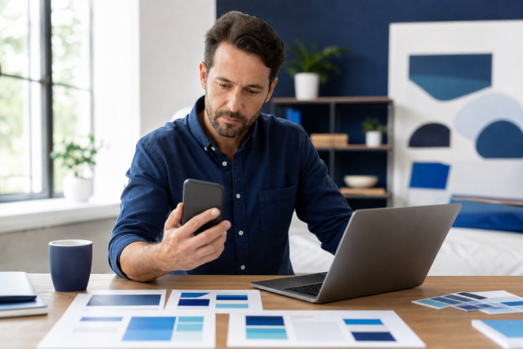 Small business owner reviewing a mobile-first website design on a smartphone and laptop