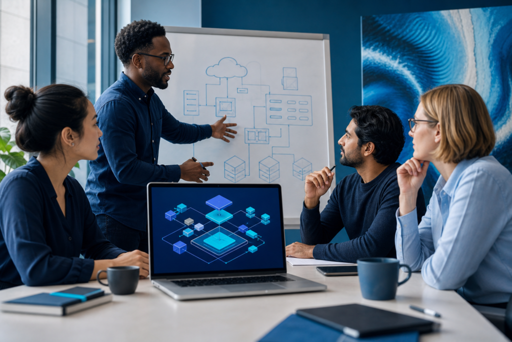 Team discussing the right technology stack for a web application in a modern office