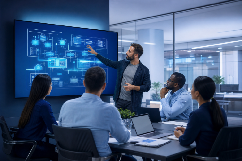 Enterprise team reviewing web application architecture options in a planning meeting