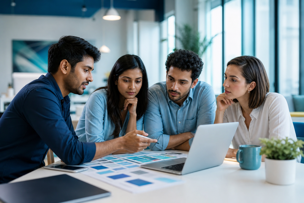 Startup team choosing a web development outsourcing solution in a modern workspace