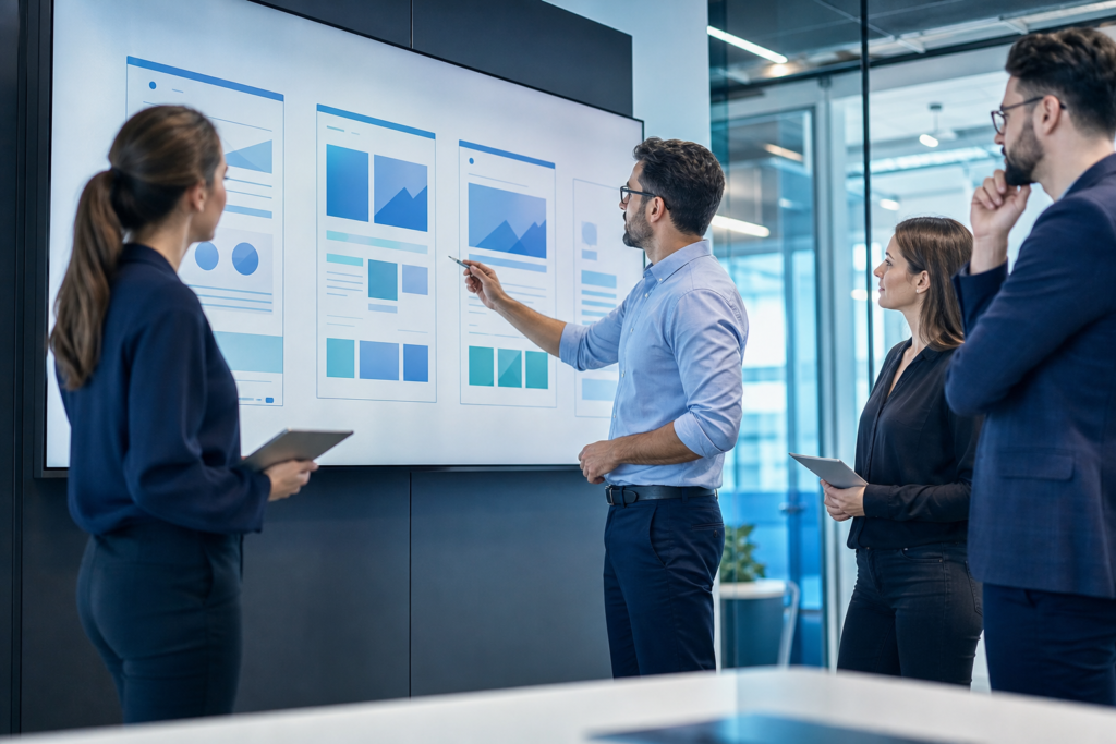 Business team evaluating website development plans in a modern office