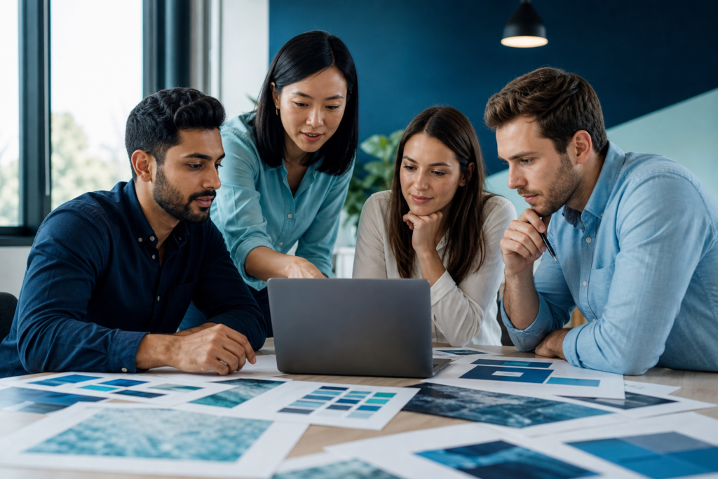 Startup team planning a website launch strategy in a modern workspace