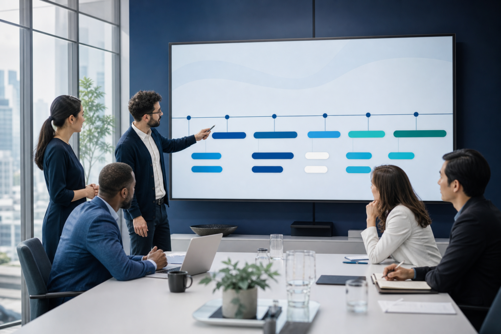 Business team reviewing a website project roadmap in a modern meeting room