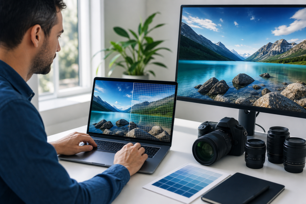 Designer optimizing website images for faster loading without visible quality loss
