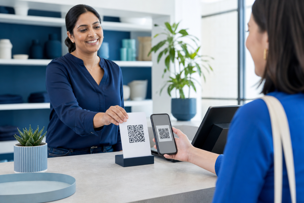 Business owner displaying a QR code for Google Reviews while a customer scans it with a smartphone