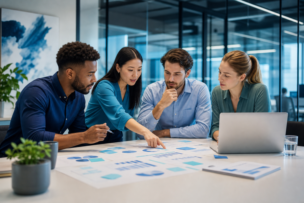 Marketing team reviewing an SEO content brief in a modern office