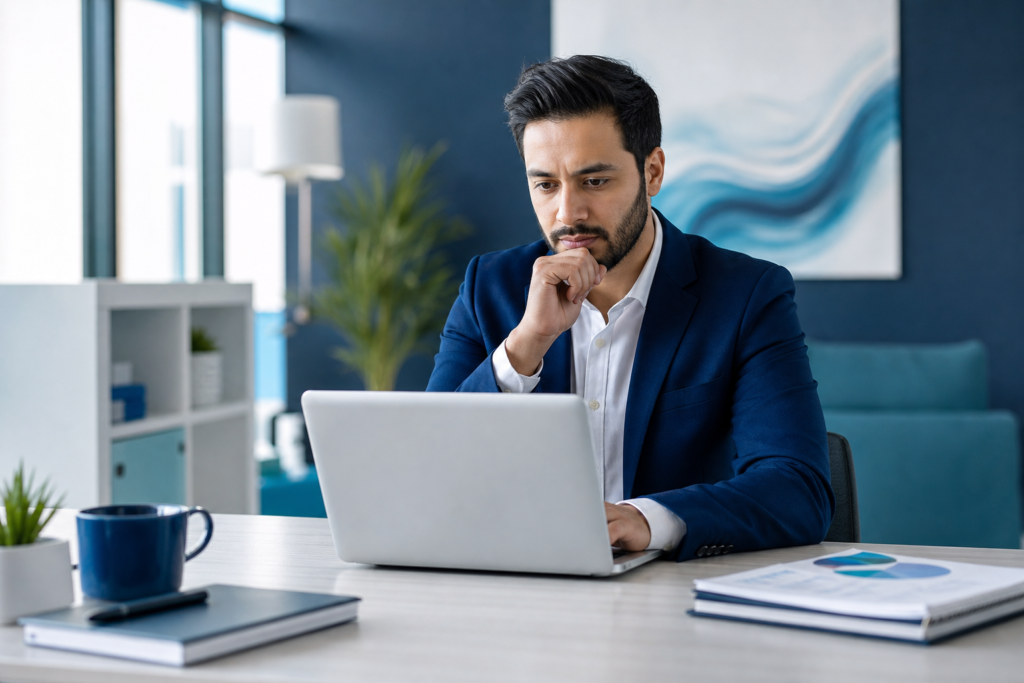 Professional reviewing keyword research for a service business