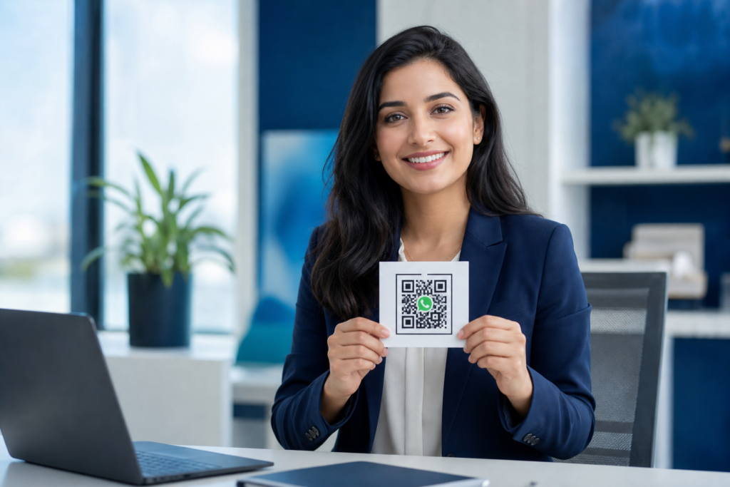 Business professional presenting a WhatsApp QR code for customer contact
