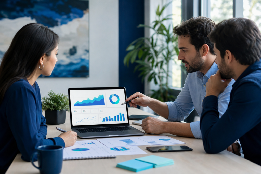 Small business team reviewing landing page ROI metrics on a laptop
