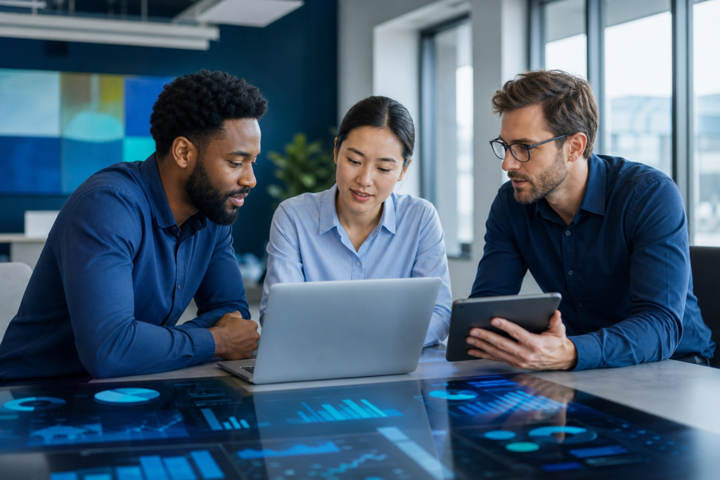 Startup team reviewing PWA ROI metrics on analytics screens