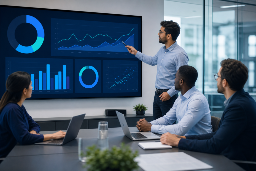 Enterprise team reviewing web development quality assurance metrics in a modern office