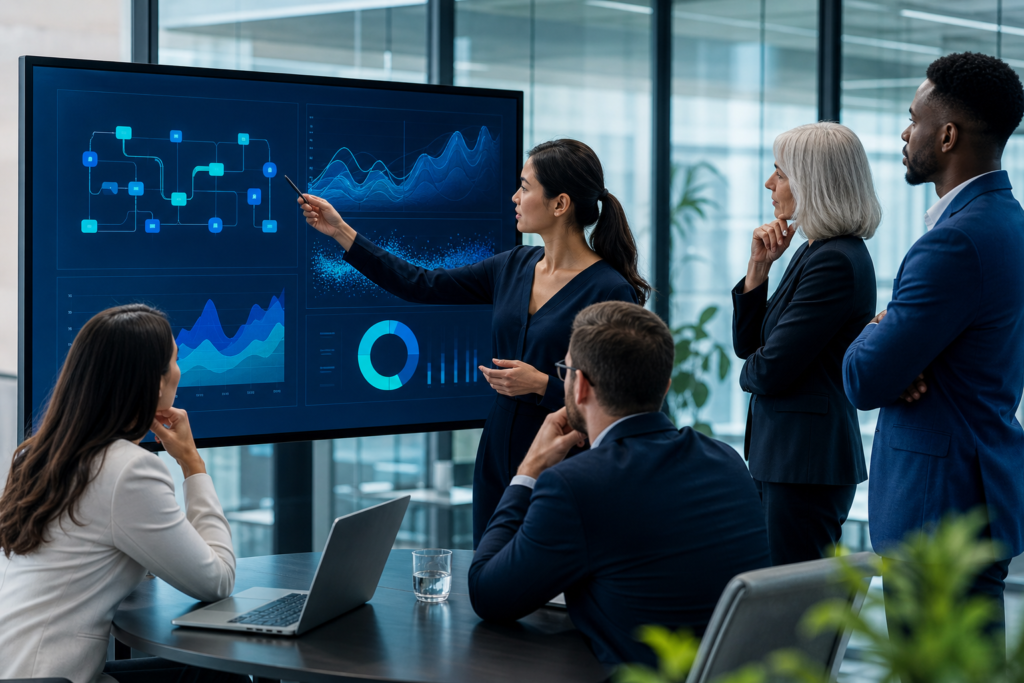 Business team reviewing AI automation ROI metrics in a modern office
