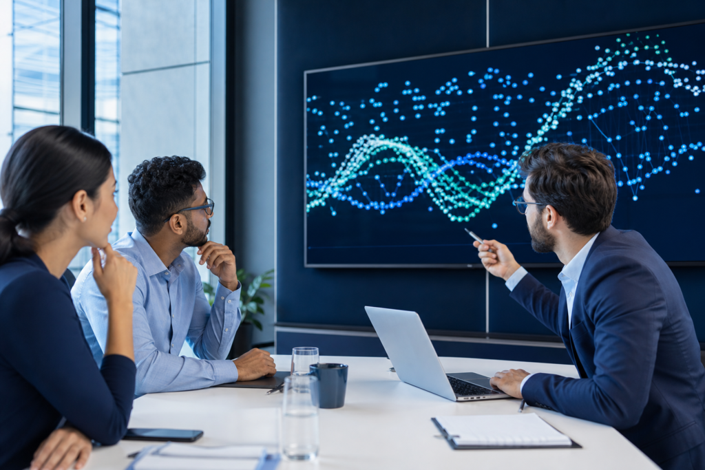Business team reviewing API integration ROI metrics in an enterprise office