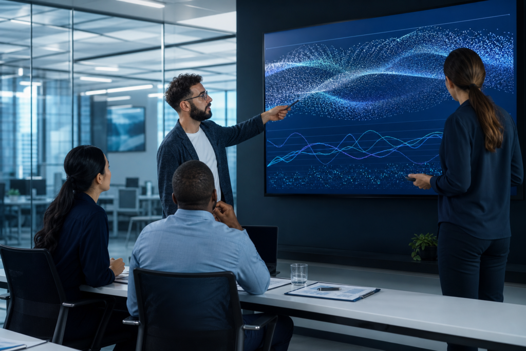 Enterprise team reviewing backend development ROI metrics in a modern office