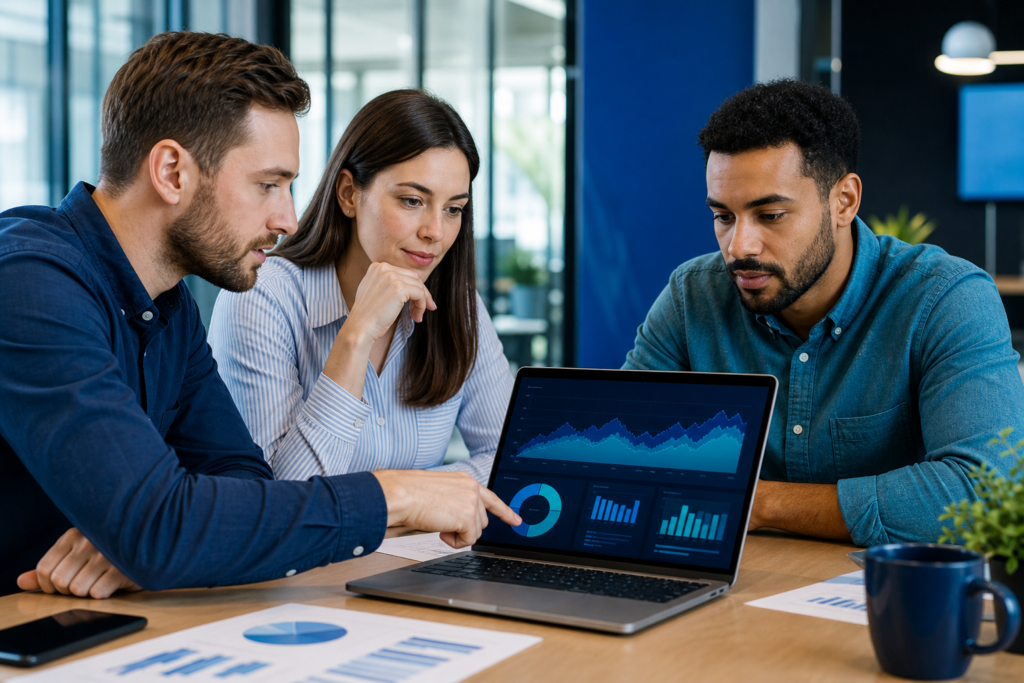 Small business team reviewing website ROI and conversion metrics