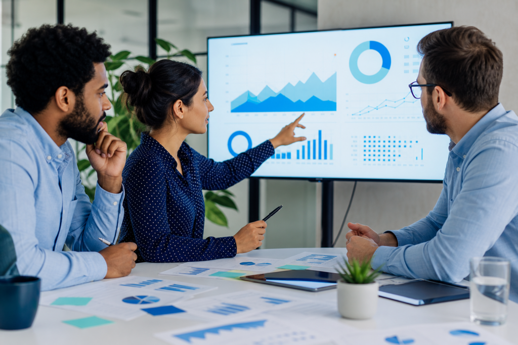 Startup team reviewing custom web development ROI metrics in an office