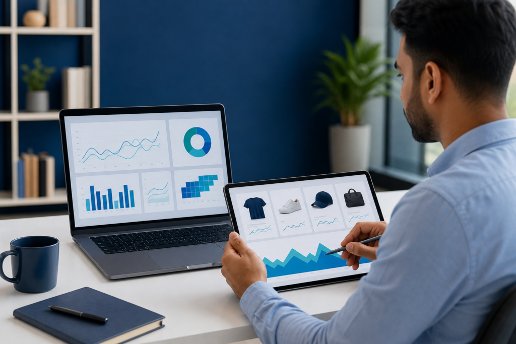 Online retailer reviewing e-commerce analytics to measure return on investment
