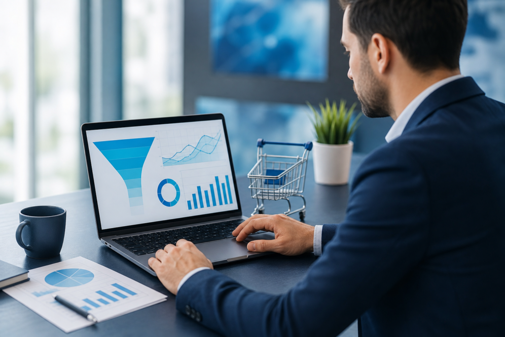 Professional editorial image of an ecommerce strategist reviewing checkout analytics in a modern office