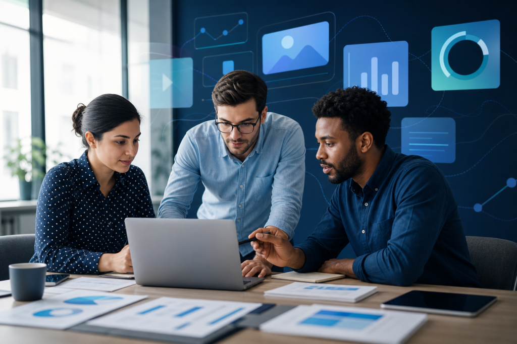 Startup team reviewing headless CMS ROI strategy in a professional office setting