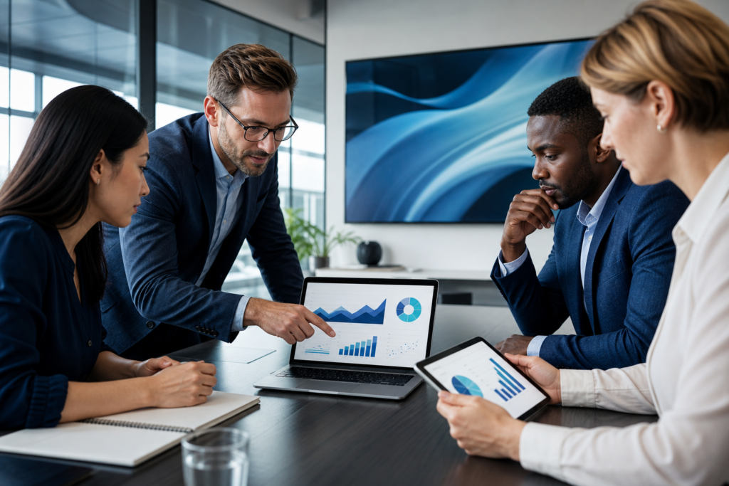 Enterprise team reviewing headless CMS ROI metrics in a modern office