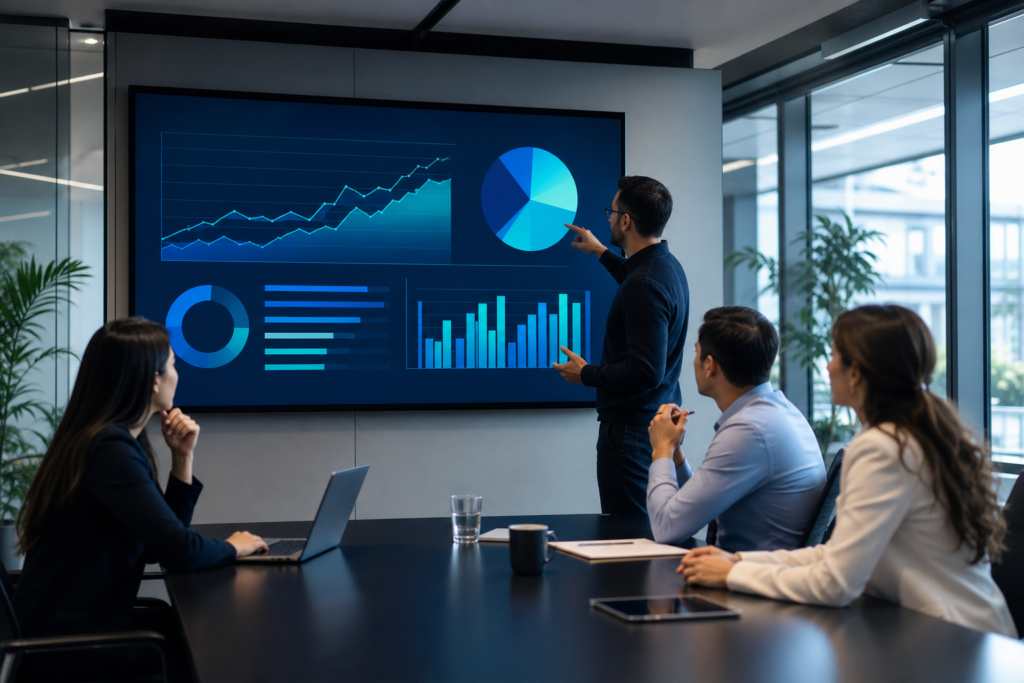Enterprise team reviewing landing page ROI metrics in a modern office